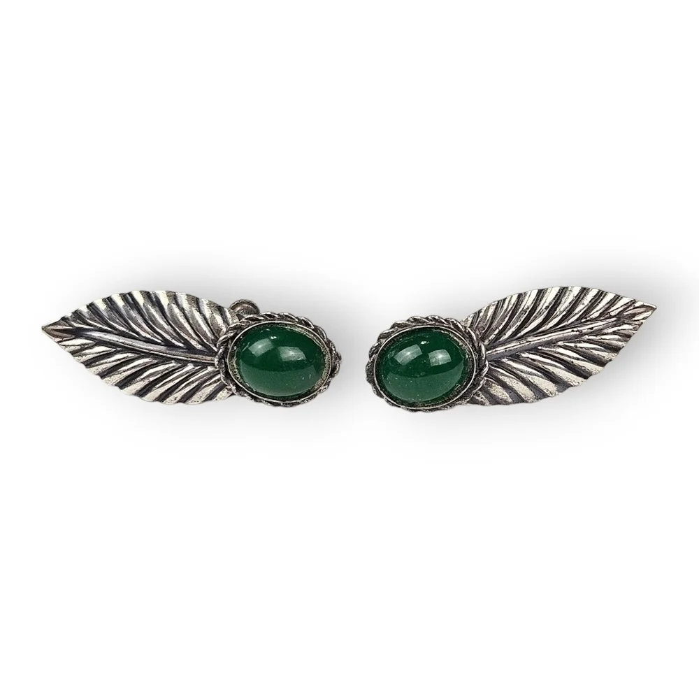 Coro Sterling Leaf Earrings Green Cabochon Screwback Vintage 925 Silver 1.25